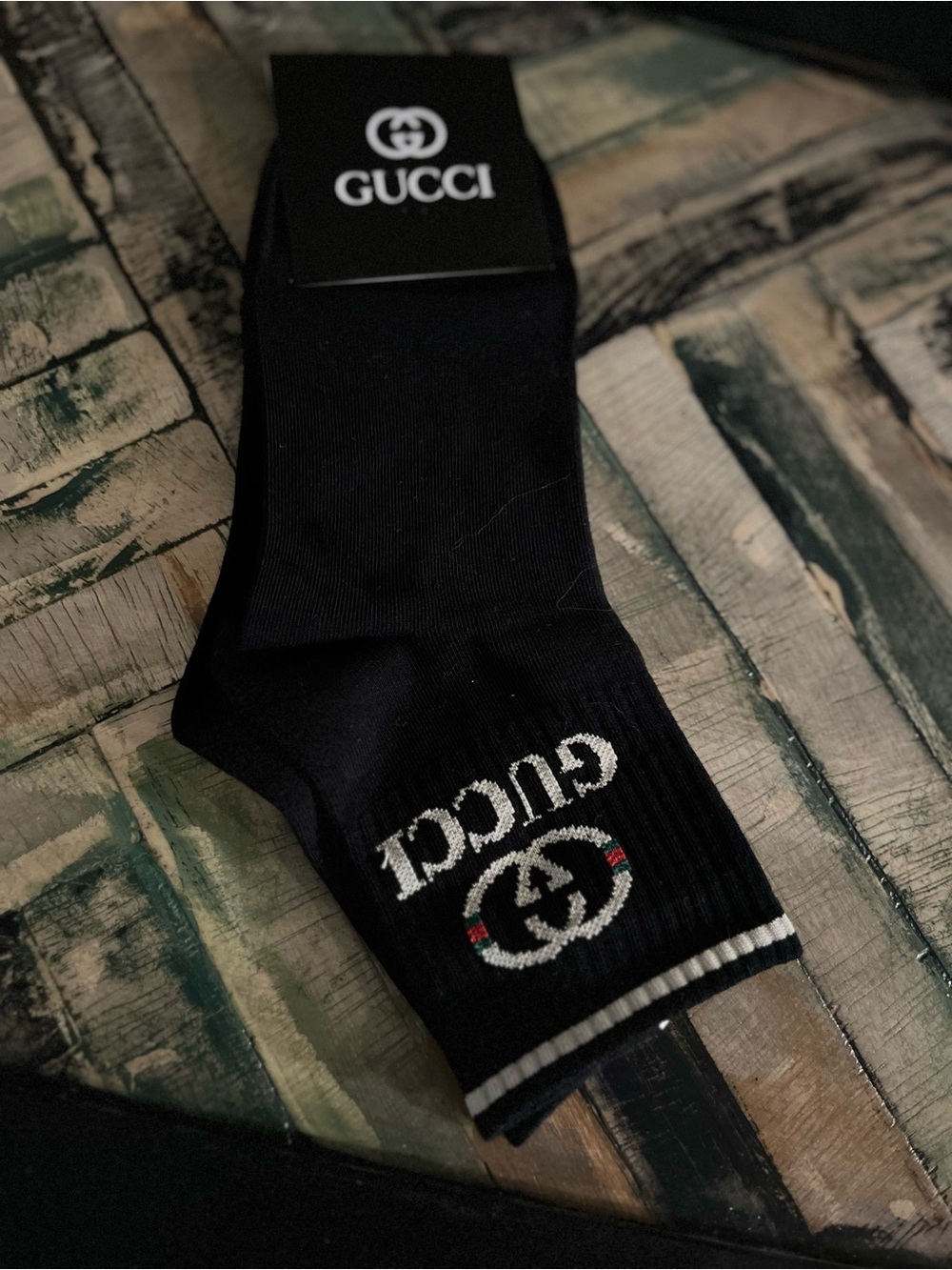 Gucci Black Crew Socks with Signature Logo and Stripe